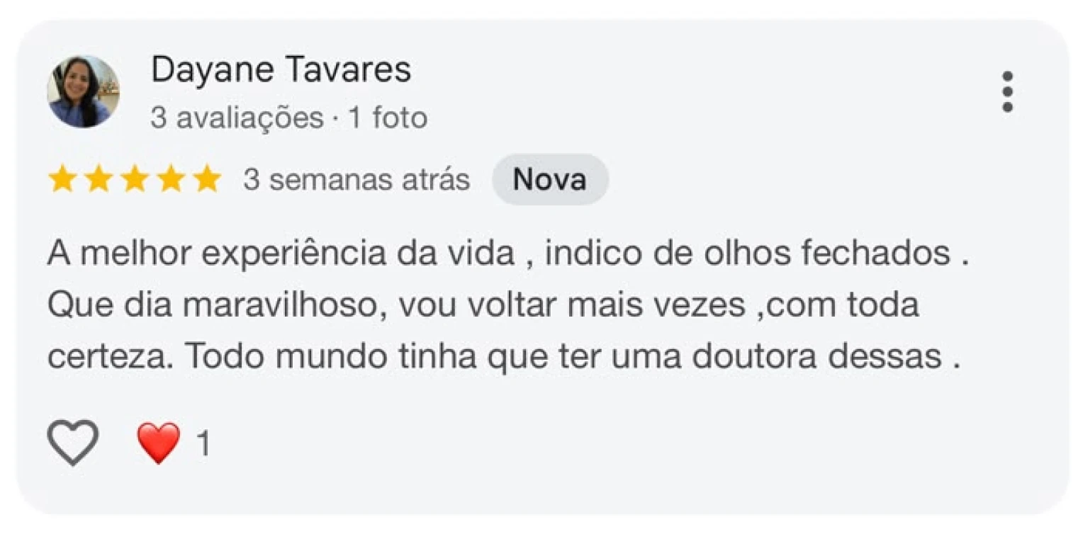 Avaliação Google 5 estrelas (2 de 7) — paciente elogia atendimento da Vellano Clinic, Goiânia