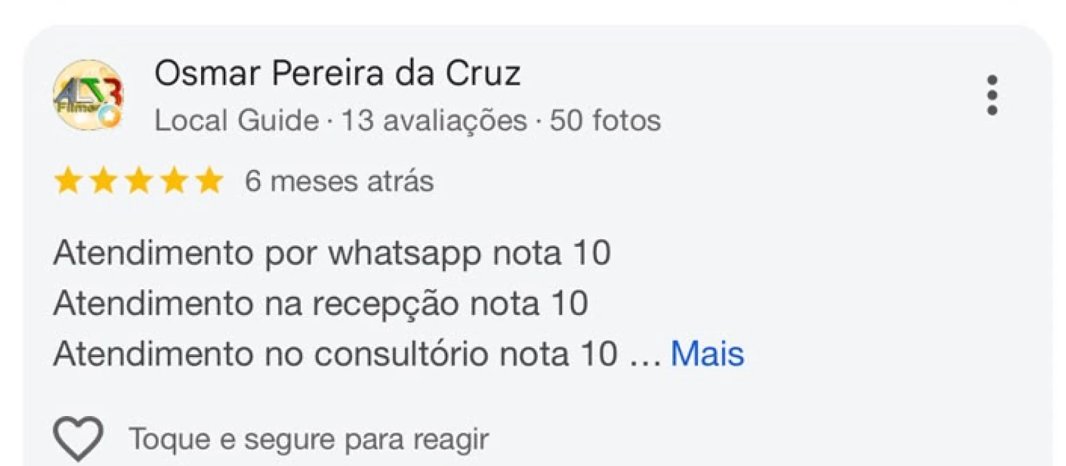 Avaliação Google 5 estrelas (3 de 7) — depoimento positivo sobre a Vellano Clinic no Setor Oeste