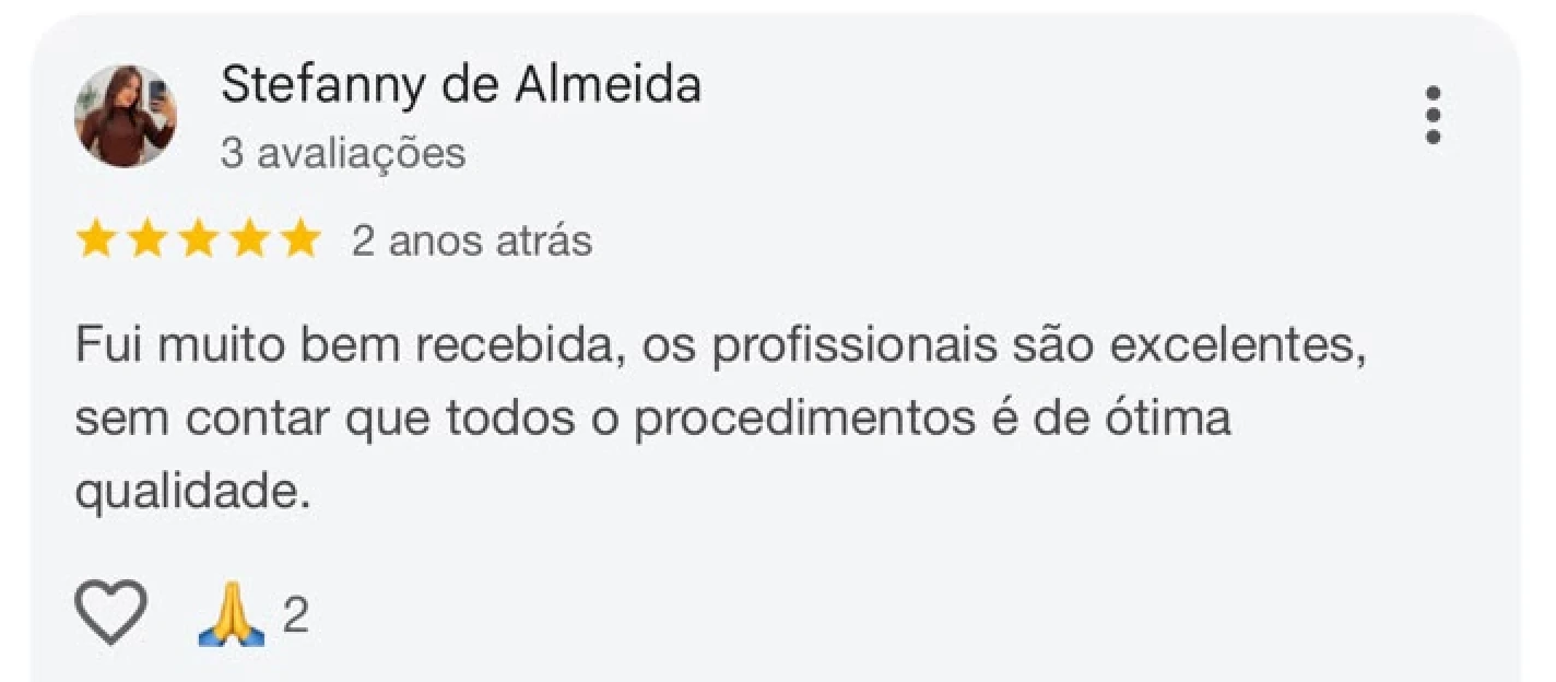 Avaliação Google 5 estrelas (6 de 7) — paciente elogia estrutura e profissionais da Vellano Clinic